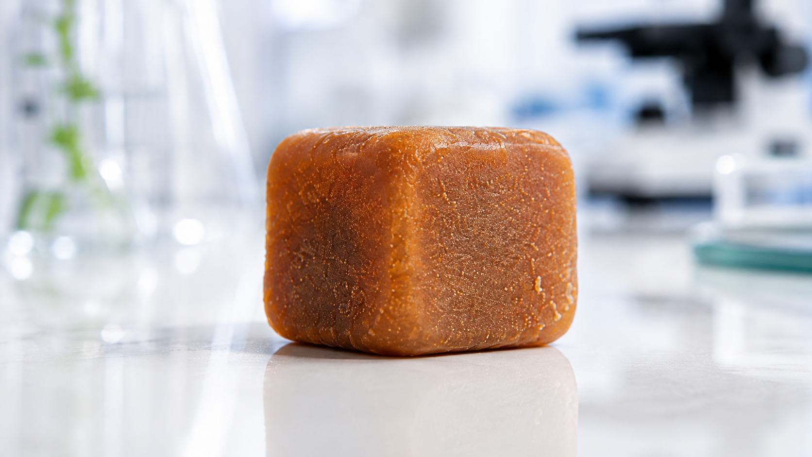 Macro photograph of a single Amiquip soft chew on a clean laboratory backdrop.