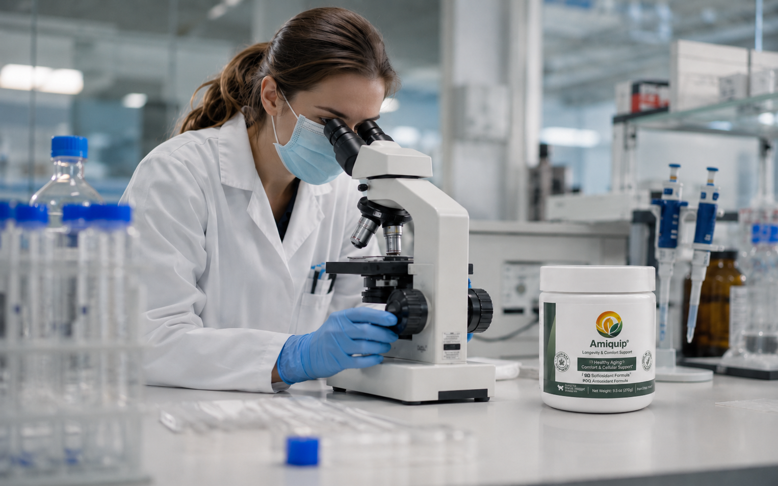 Lab technician examining Amiquip formulation under a microscope